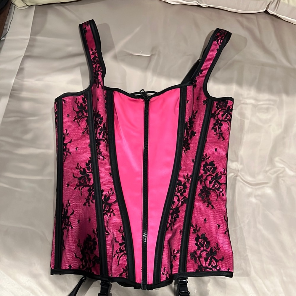 Surely of Hollywood, black and pink satin and lace corset. Size small